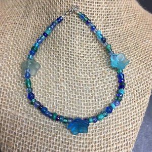 Beaded Anklet Ankle Bracelet Turquoise Blue Flower Silver Lobster